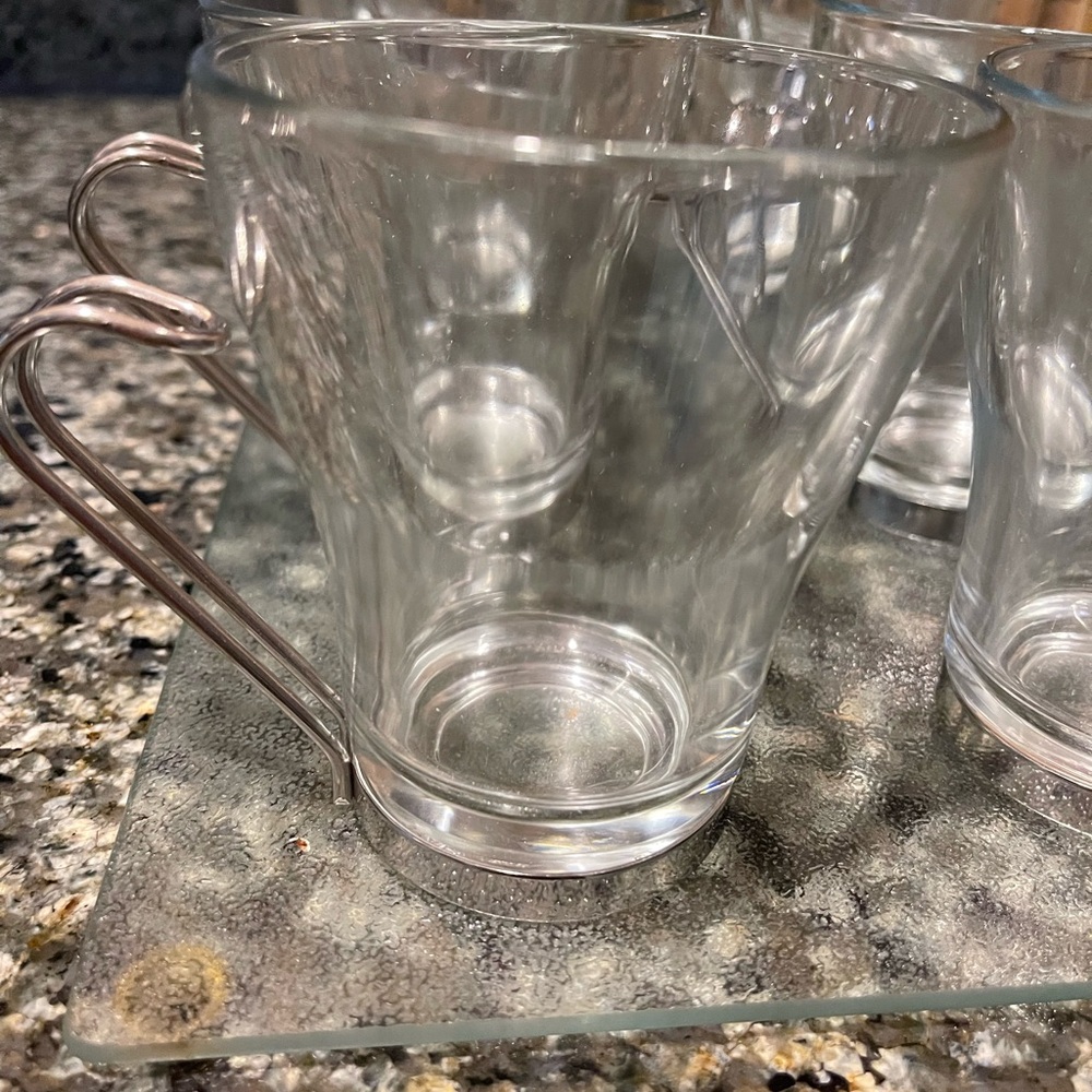 Crate and Barrel 6 NEW Clear Glass Coffee Mugs with Silver Handles